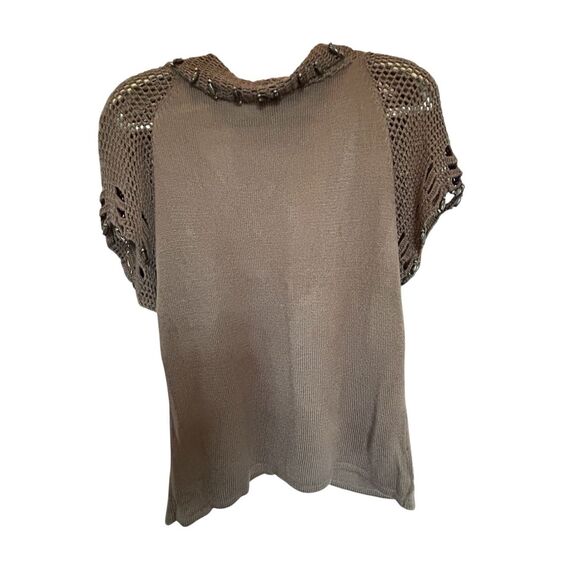 Luciano Dante Brown Knit Beaded Boho Crochet Short Sleeve Button Sweater Top XL - Picture 2 of 10